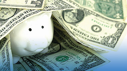 piggy bank covered with money